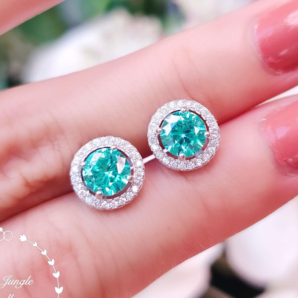Pendientes de turmalina Paraiba, pendientes modernos de turmalina Paraiba de talla redonda de 1 quilate con halo, pendientes de turmalina verde azulada, regalo de piedra natal de octubre