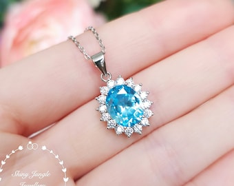 Halo Swiss Blue Topaz Necklace, 3 carats 8*10 mm Oval Cut Sky Blue Topaz Pendant, Royal Halo Topaz Pendant, December Birthstone Gift