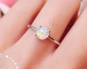 Simple Opal Solitaire Engagement Ring, 1 Carat Round White Fire Opal, October Birthday Gift For Her