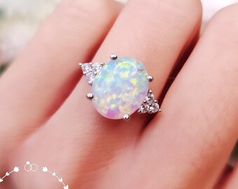 Statement Opal Ring, 10*12 mm Oval Cut White Fire Opal Engagement Ring, October Birthstone Gift For Her, Large Opalite Promise Ring