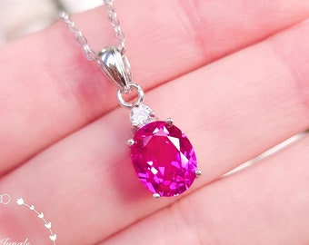 Oval Pink Sapphire Elongated Pendant, 3 Carats 8*10mm Genuine Lab Grown Hot Pink Sapphire Necklace, September Birthstone Gift