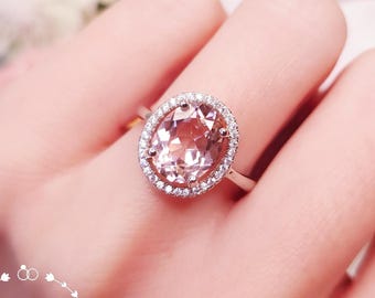 Modern Halo Oval Morganite Engagement Ring, 3 Carats 8*10 mm Halo Morganite Promise Ring, Pastel Pink Gemstone Ring