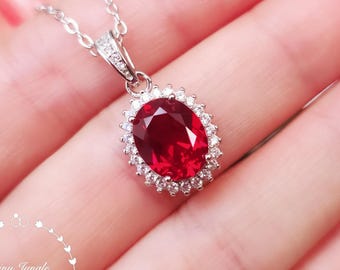 Royal Halo Genuine Lab Grown Ruby Necklace, 3 carats 8*10 mm Oval Cut Ruby, July Birthstone Pendant, Princess Diana Necklace, Red Gemstone
