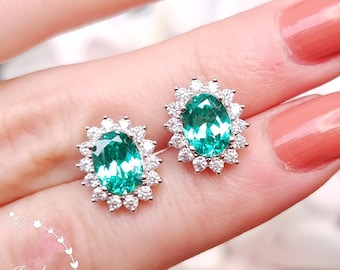Paraiba Tourmaline Halo Earrings, Bright Teal Green Tourmaline Earrings, Turquoise Green Bridal Earrings, Oval Tourmaline Earrings