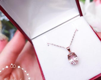 Simple 3 Carats Oval Morganite Necklace, Morganite Solitaire Pendant, Pastel Peachy Pink Gemstone Pendant, Light Soft Pink Bridal Necklace