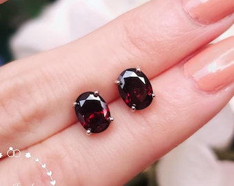 Simple Oval Cut Garnet Studs, 2 Carats 6*8 mm Lab Garnet Stud Earrings, Deep Red Garnet Studs, January Birthstone Gift