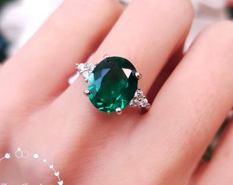 Statement 6 Carats Muzo Green Lab Simulated Emerald Ring, Oval Cut 12×10mm Halo Emerald Cocktail Ring, Emerald Three Stone Engagement Ring