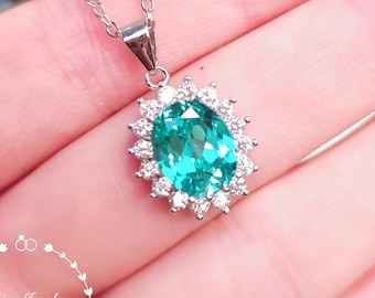Halo Paraiba Tourmaline Necklace, Oval Cut 3ct 8*10 mm Teal Green Tourmaline Pendant, Turquoise Gemstone Pendant, October Birthstone
