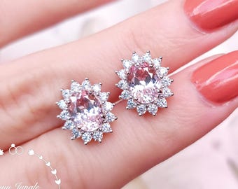 Rare Pastel Blush Pink Genuine Lab Grown Sapphire Halo Earrings, 2 Carats 6*8 Oval Light Padparadscha Sapphire Earrings, Diana Halo Earrings