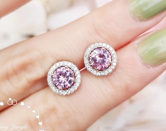 Pink Diamond Earrings, Modern Halo 1 Carat Pink Diamond Simulants Studs, April Birthstone Gift with Box