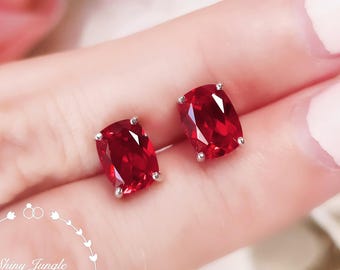 2 Carats Genuine Lab Grown Ruby Stud Earrings, 6*8 mm Cushion Cut Pigeons Blood Ruby Earrings, Simple Bridal Earrings, Minimalist Earrings