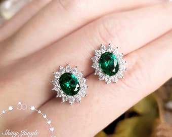 Halo Oval Emerald Stud Earrings, Muzo Green Emerald Earrings, Emerald Cluster Earrings, Green Bridal Earrings, Vintage Inspired Earrings