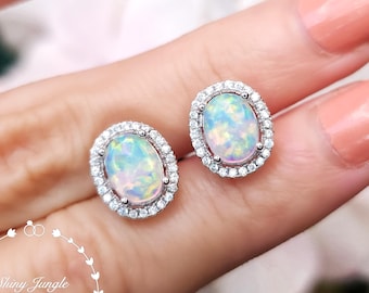 Modern Halo White Fire Opal Stud Earrings, 6*8 Oval Cabochon Opal Earrings, October Birthstone Gift, Bridal Earrings, Modern Opal Studs