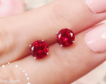 1 carat Genuine Lab Grown Ruby Stud Earrings, 6*6 mm Round Pigeons Blood Ruby Earrings, Simple Bridal Earrings, Minimalist Earrings