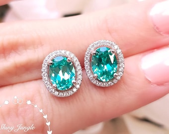 Modern Halo Paraiba Tourmaline Earrings, 2 Carats Bright Teal Green Tourmaline Studs, Turquoise Bridal Earrings