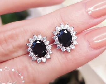 Diana Halo 2 carats Oval Cut Black Spinel Stud Earrings, Opaque Black Stud Earrings, Imitation Black Diamond Earrings, Goth Earrings