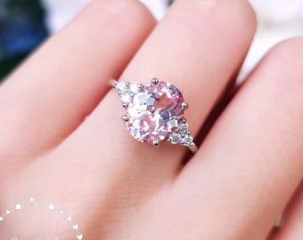 Rare Pastel Blush Pink Genuine Lab Grown Sapphire Engagement Ring, 3 Carats 8*10 Oval Light Padparadscha Sapphire Ring, Three Stone Ring