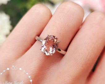 Oval Cut Morganite Solitaire Ring, 3 Carats 8*10 mm Morganite Engagement Ring, White Gold Plated Sterling Silver, Peachy Pink Stone Ring