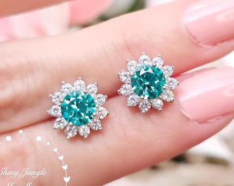 Flower Halo Paraiba Tourmaline Studs, 1 Carat 6mm Round Cut, Teal Green Tourmaline Earrings, October Birthstone Gift