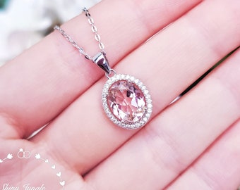 Modern Halo Oval Morganite Necklace, Oval Cut 3 Carats 8*10 mm Morganite Halo pendant, Blush Pastel Pink Morganite Necklace, Bridal Necklace