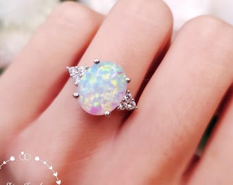 Statement Opal Ring, 10*12 mm Oval Cut White Fire Opal Engagement Ring, October Birthstone Gift For Her, Large Opalite Promise Ring