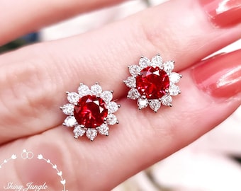 Flower Halo Pigeons blood Genuine Lab Grown Ruby Stud Earrings, Round Halo Ruby earrings, Cluster earrings, Bridal earrings, July Birthstone