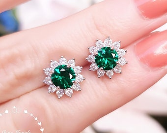 Flower Halo Emerald Stud Earrings, 1 Carat 6 mm Muzo Green Emerald Earrings, Lab Simulated Emerald Cluster Earrings, Green Bridal Earrings