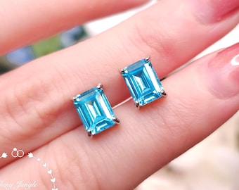2 carats Emerald Cut Aquamarine Stud Earrings, 6*8mm Sky Blue Aquamarine Stud Earrings, Something Blue Bridal Earrings, Minimalist Earrings
