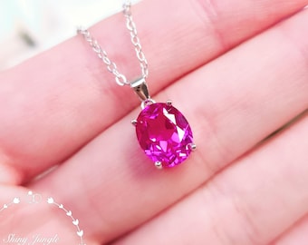 Oval Pink Sapphire Solitaire Necklace, 3 Carats 8*10 mm Genuine Lab Grown Hot Pink Sapphire, Simple Pendant, September Birthstone Gift