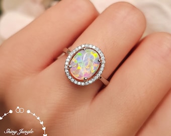 Modern Halo 3 Carats White Opal Engagement Ring, 8*10 mm Fire Opal Cabochon Ring, October Birthstone Gift for Her, Fire Opal Promise Ring
