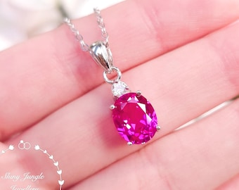Oval Pink Sapphire Elongated Pendant, 3 Carats 8*10mm Genuine Lab Grown Hot Pink Sapphire Necklace, September Birthstone Gift