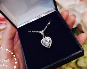 Diamond Heart Necklace, 2 Carats 8mm Diamond Simulant, Sterling Silver Halo Pendant, Valentine's Day Gift