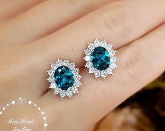 Halo London Blue Topaz earrings, 2 carats 6*8 mm Oval London Blue Topaz, teal blue bridal earrings, Diana Topaz earrings, cluster earrings