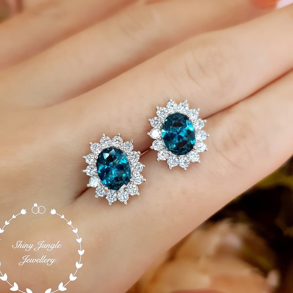 Halo London Blue Topaz earrings, 2 carats 6*8 mm Oval London Blue Topaz, teal blue bridal earrings, Diana Topaz earrings, cluster earrings