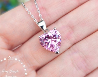 Heart shaped Pink Diamond necklace, Heart cut 10*10 mm Fancy Pink Diamond Simulant Pendant, Solitaire Pink Heart Pendant, April Birthstone