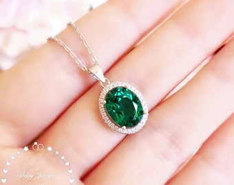 Modern Halo Oval Emerald Necklace, 3 Carats 8*10mm Muzo Green Micro Pave Halo Emerald Solitaire Pendant with Chain, May Birthstone Gift