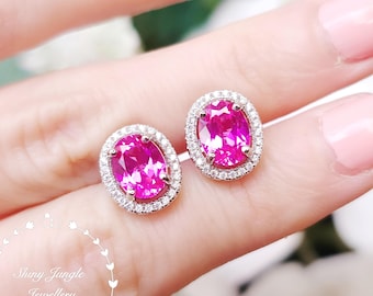 Modern Halo Hot Pink Sapphire Earrings, 2 Carats Genuine Lab Grown Pink Sapphire Stud Earrings, Sterling Silver