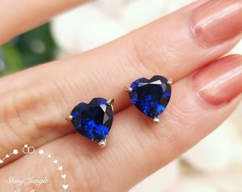 Royal Blue Heart Shaped Genuine Lab Grown Sapphire Stud Earrings, 2 Carats Heart Cut Sapphire Earrings, Sapphire Studs, Blue Bridal Earrings