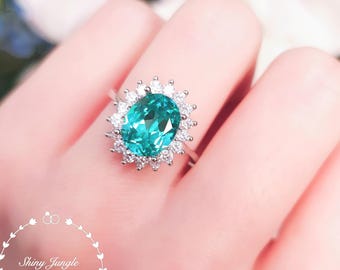 Halo Paraiba Tourmaline ring, 3 carats 8*10 mm Turquoise Green Tourmaline Ring, Oval Cut Bluish Green Gemstone Ring, October Birthstone Ring