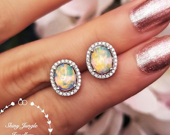 Modern Halo White Fire Opal Stud Earrings, 6*8 Oval Cabochon Opal Earrings, October Birthstone Gift, Bridal Earrings, Modern Opal Studs