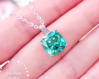 Cushion Cut Paraiba tourmaline pendant, 3 Carats Teal Green Tourmaline Necklace, Bright Turquoise Gemstone Pendant, October Birthstone Gift