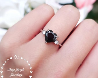 Black Heart Ring, 2 Carats Heart Shaped Black Spinel Ring, Three Stone Opaque Black Spinel Engagement Ring, August Birthstone Promise Ring