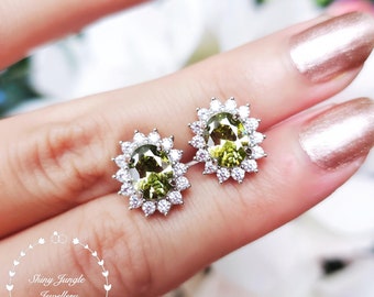 Halo Peridot Earrings, Diana Halo Design 2 carats Peridot Stud Earrings, Peridot Green Bridal Earrings, Oval Peridot earrings, Cluster Studs