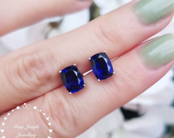 2 Carats Cushion Cut Sapphire Studs, 6*8mm Royal Blue Genuine Lab Grown Sapphire Stud Earrings, Simple Bridal Earrings, Minimalist Earrings