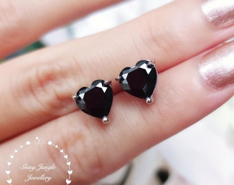 Black Heart Earrings, 2 carats 8 mm Heart Cut Black Spinel Earrings, Black Heart Studs, Gothic Bridal Earrings, August Birthstone Gift