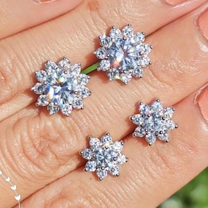 Diamond Stud Earrings, Flower Halo Diamond Simulant Studs, Sterling Silver, Gift for her