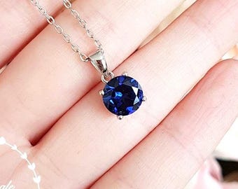 Round Genuine Lab Grown Sapphire Pendant, 2 Carats Royal Blue Sapphire Solitaire Necklace, September Birthstone Gift, Bridal Something Blue