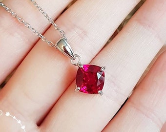 Ruby Necklace, 2 carats 8*8 mm Cushion cut genuine lab grown ruby pendant with chain, red gemstone necklace, July Birthstone Gift