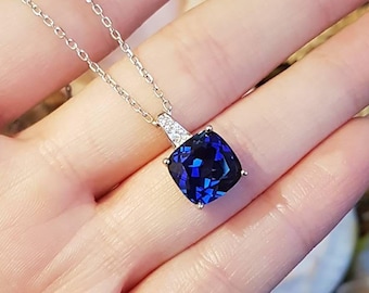 Genuine lab grown Royal Blue cushion cut sapphire necklace, square cushion sapphire pendant, September birthstone gift, blue gem necklace