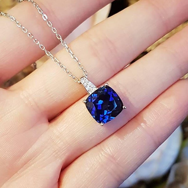 Genuine lab grown Royal Blue cushion cut sapphire necklace, square cushion sapphire pendant, September birthstone gift, blue gem necklace